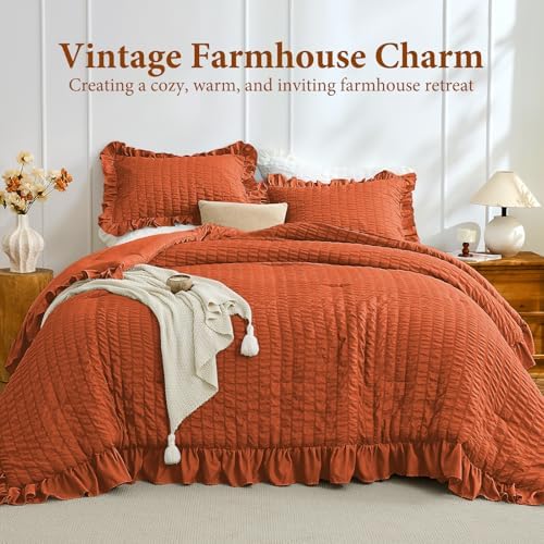JOLLYVOGUE Burnt Orange Queen Comforter Set, 3 Pieces Seersucker Comforters - Image 2