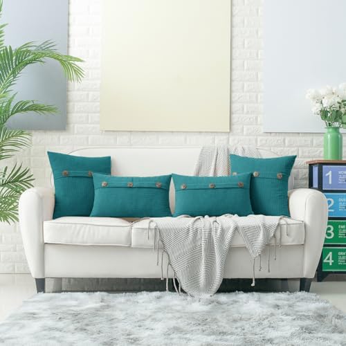 HWY 50 Teal Chenille Throw Pillow Covers 16x16 Inch Buttons Pack of 2 - Image 6