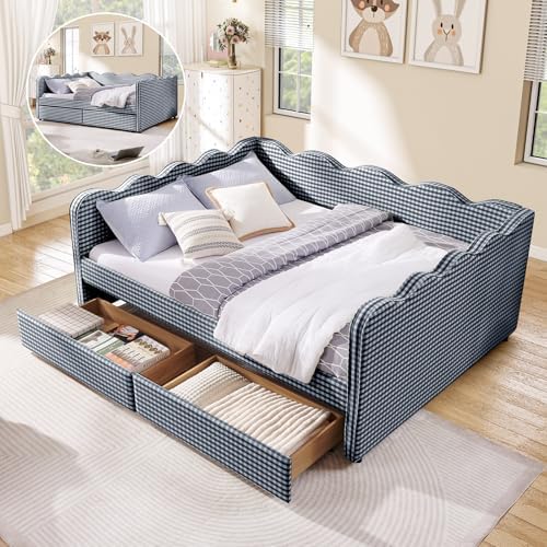 Queen Size Daybed with Storage Drawers, Linen Gingham Daybed with USB Ports & by JEEOHEY