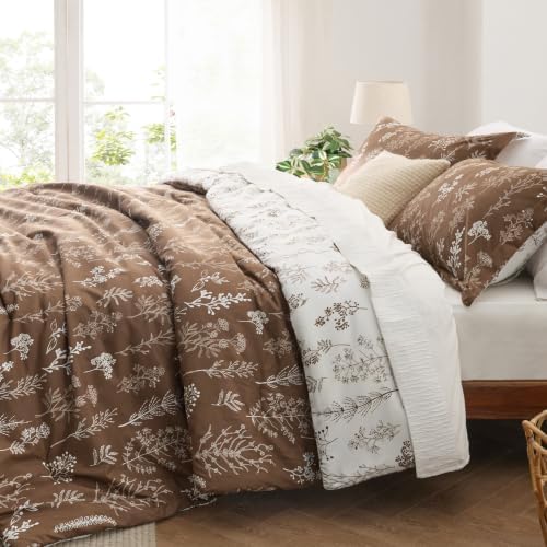 Bedsure Floral Comforter Set Cute Bedding Set Full Reversible Dark Brown - Image 4