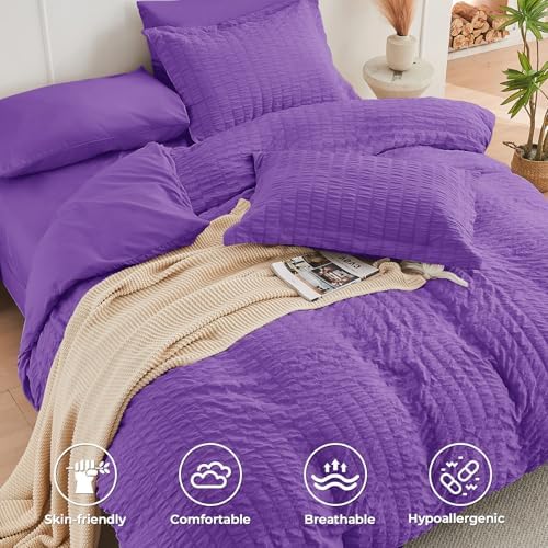Twin Comforter Set 5PCS Bed in a Bag, Seersucker Bedding Set Bright Purple - Image 3
