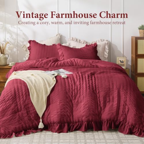 JOLLYVOGUE Burgundy Twin/Twin XL Comforter Set, 2 Pieces Seersucker Lightweight - Image 2