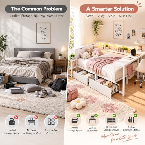 Queen Corner Bed with Desk and Storage, LED corner Bed Frame - Image 6