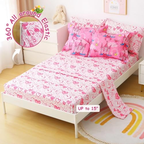 Kids Twin Comforter Bed Set 6 Pieces Castle Heart Girls Bedding Set - Image 5