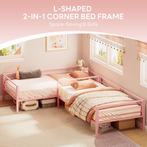 LIKIMIO L Shaped Twin Beds for 2, Double Twin Bed - Image 3
