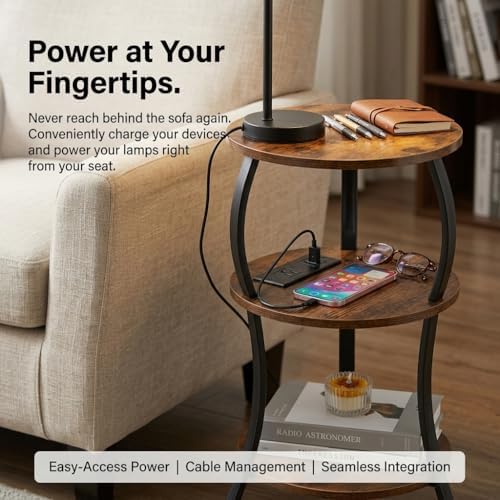 YEAKOO Small Side Table with Charging Station, 3-Tier Round end Table - Image 6