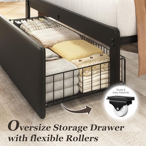 Twin Bed Frame with Storage Drawer, Upholstered Headboard Button Tufted Bed - Image 4