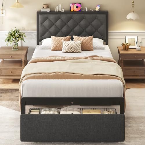 Twin Bed Frame with Storage Drawer, Upholstered Headboard Button Tufted Bed by Fluest