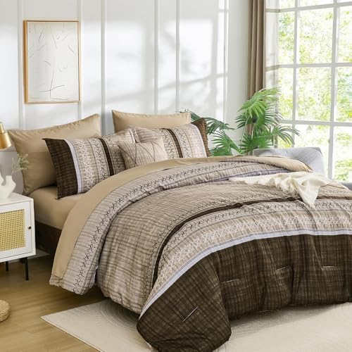 Dintszyayue Brown Comforter Set Full Size, 8 Pieces Boho Striped Bed in a Bag by Dintszyayue