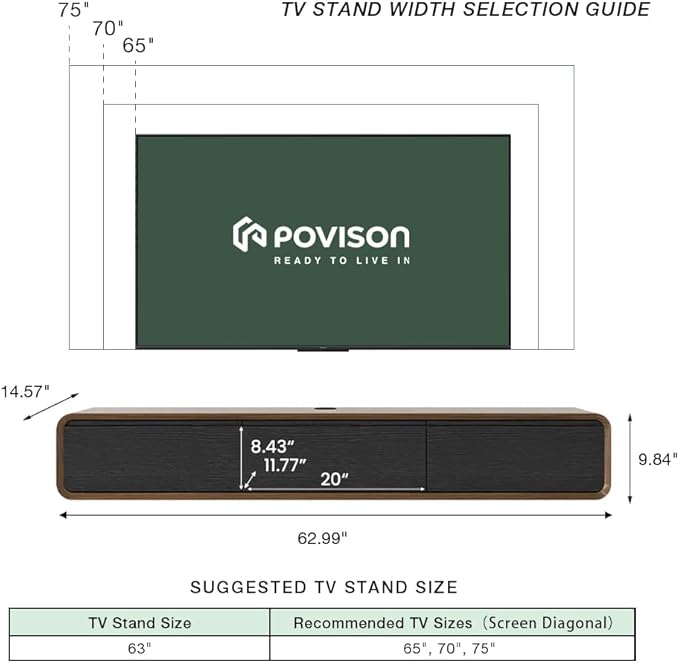 POVISON Fully Assembled Floating TV Stand, 63 inch Modern TV Stand with 3 Flip-Down Cabinet Doors, Solid Wood Floating Entertainment Center, Wall Mounted Media Console for Living Room