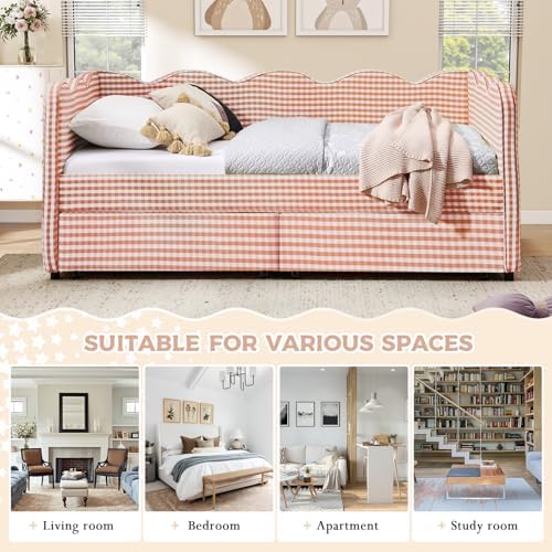 Twin Size Daybed with Storage Drawers, Linen Gingham Daybed with USB Ports & - Image 5