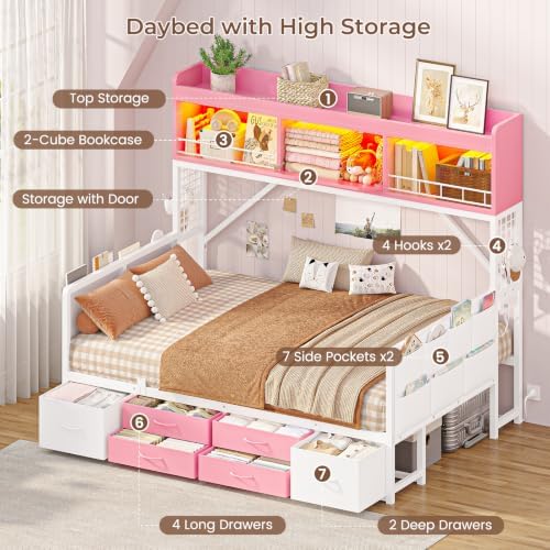 Full Storage Daybed with High Bookcase & 6 Drawers, Corner Bed Frame Pink - Image 4