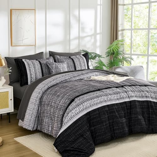 Dintszyayue Black Comforter Set King Size, 8 Pieces Boho Striped Bed in a Bag by Dintszyayue