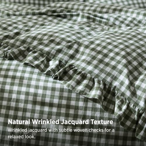 Bedsure Gingham Ruffle Duvet Cover Set, Cotton-Like Bed, Olive Green - Image 4