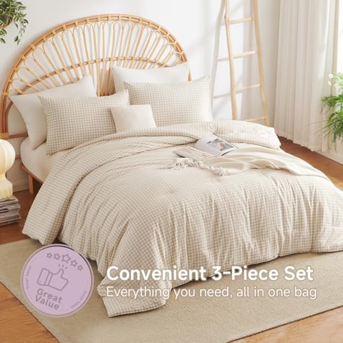 Gingham Comforter Set Full Size Beige Bedding Set and 2 Pillowcases - Image 4