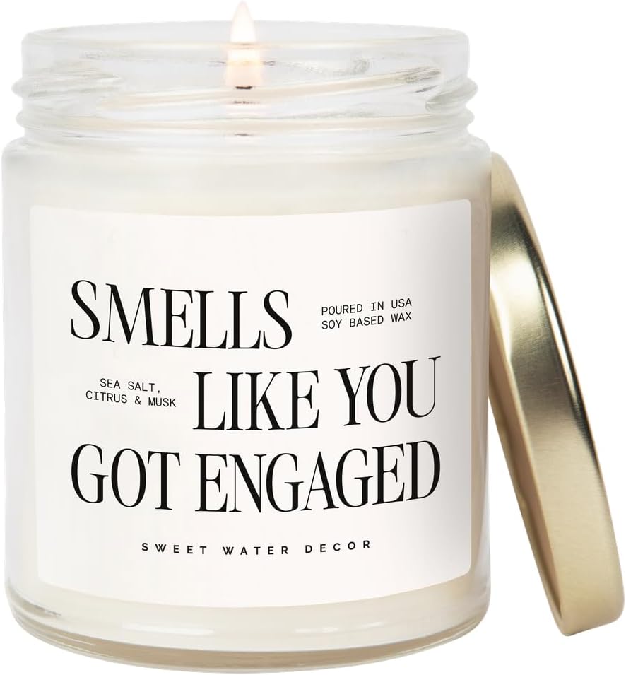Sweet Water Decor Smells Like You Got Engaged Candle, Engagement Gift for Bride-to-Be Bridal Shower, 9oz Soy Candle with Gold Lid, Non-Toxic, Sea Salt Citrus Musk Amber Scent, Engagement Decorations