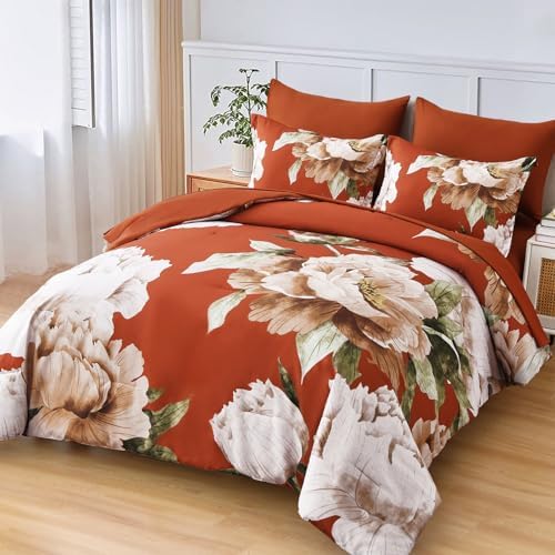 Burnt Orange Comforter Set King Size, 7 Piece Floral Bed in a Bag - Image 2
