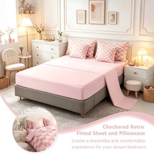 Feelyou Checkered Retro 7 Piece Bedding Set Teen Women Men Pink Gradient Plaid - Image 4