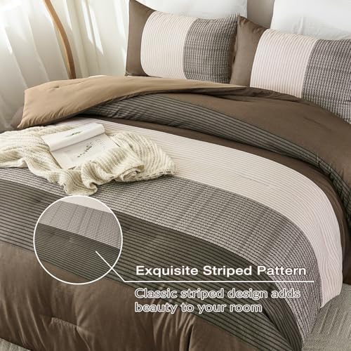 Brown Comforter Set King, Reversible Coffee Brown Patchwork Stripe Comforter - Image 4