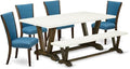 East West Furniture V727VE721-6 6 Piece Dining Table Set Contains a Rectangle Dining Room Table with V-Legs and 4 Blue Color Linen Fabric Parson Chairs with a Bench, 40x72 Inch, Multi-Color