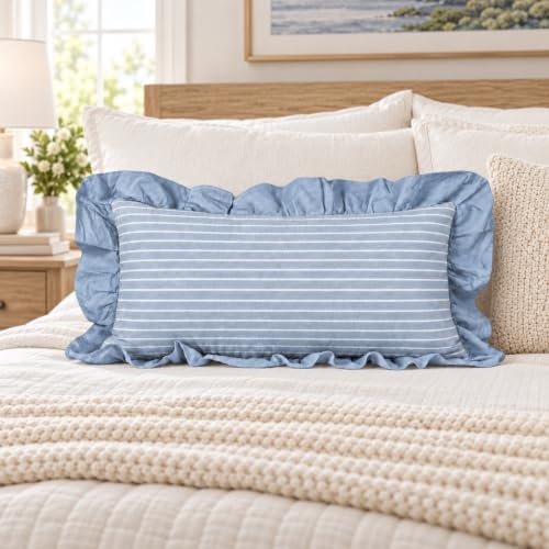 JoraLion Ruffled Lumbar Pillow Cover 14x26 Striped Light Blue - Image 2