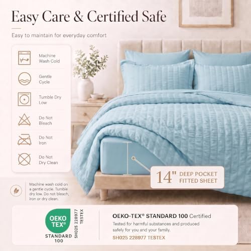 CozyLux King Size Comforter Set 7 Pieces Light Blue Seersucker Bed in a Bag - Image 5