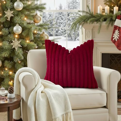 decorUhome Christmas Faux Fur Throw Pillow Covers 12x20 Set of 2 Burgundy - Image 6