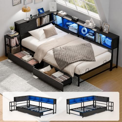 MU Twin Corner Bed Frame with Storage, Bookcase & Drawers by MU