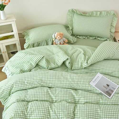 Green Gingham Bedding Set Queen 5 Pieces Ruffle Grid Comforter Set - Image 2