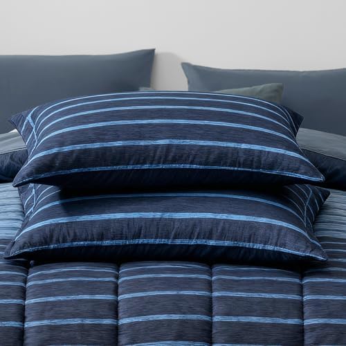 Monbix Queen Comforter Set-7 Pieces Striped Bed in a Bag Queen Bedding Sets - Image 6