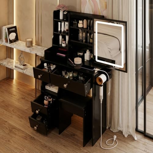 Makeup Vanity Desk with Lighted Mirror and Stool, Small Dressing Table - Image 2