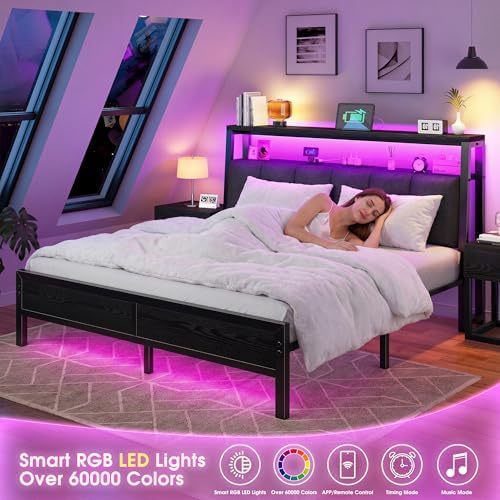 Queen Size Bed Frame with Headboard & Charging Station, LED Lights - Image 5