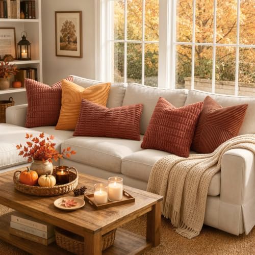MIULEE Fall Corduroy Decorative Throw Pillow Covers 18x18 Rust Pack of 2 - Image 4