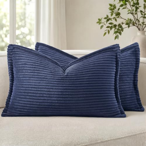 MIULEE Couch Pillow Covers Lumbar 12x20 Navy Blue Textured Corduroy by MIULEE