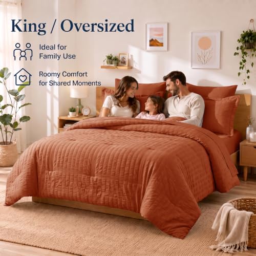 CozyLux King Comforter Set, 7 Pieces Burnt Orange Seersucker Bed in a Bag - Image 6