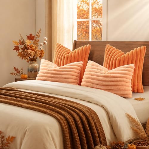 decorUhome Fall Faux Fur Throw Pillow Covers 20x20 Set of 2 Pumpkin Orange - Image 6