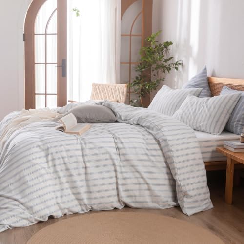 BESTOUCH Striped Cotton Duvet Cover Set Linen Feel Oversized Full - Image 4