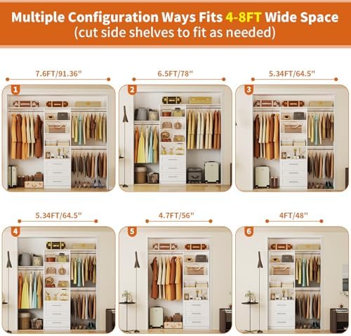 Closet System with Drawers, 5-7.61FT Closet Organizer System with Cuttable - Image 4