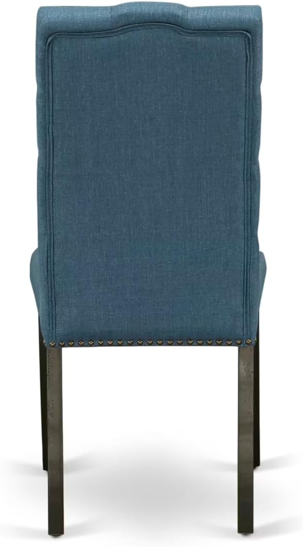 East West Furniture V677EL121-9 9 Piece Dining Set Includes a Rectangle Dining Room Table with V-Legs and 8 Blue Linen Fabric Upholstered Parson Chairs, 40x72 Inch, Multi-Color