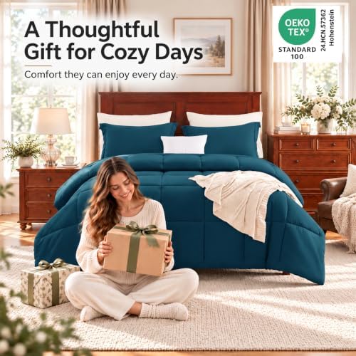 CozyLux King Size Comforter Set, 3-Piece Box-Stitched, Lyons Blue - Image 4