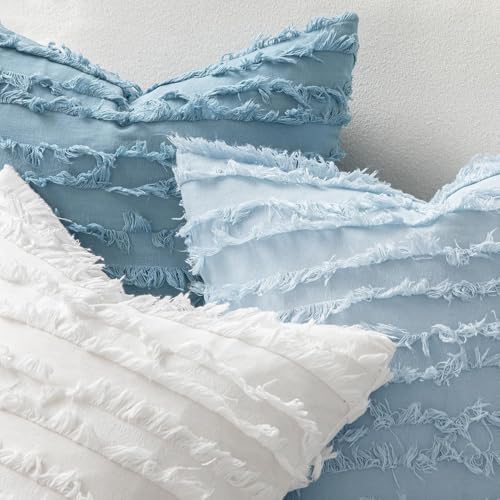 MIULEE Boho Linen Striped Throw Pillow Covers 16x16, Light Blue - Image 2