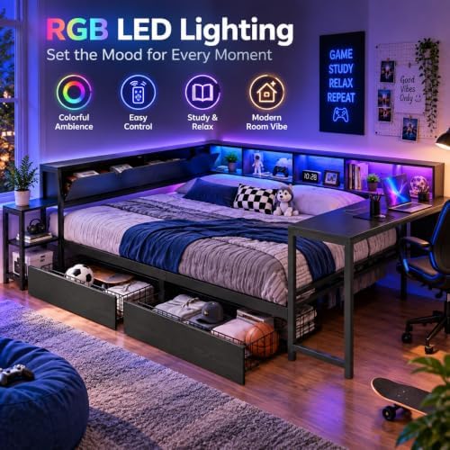 Queen Corner Bed with Desk and Storage, LED corner Bed Frame - Image 5