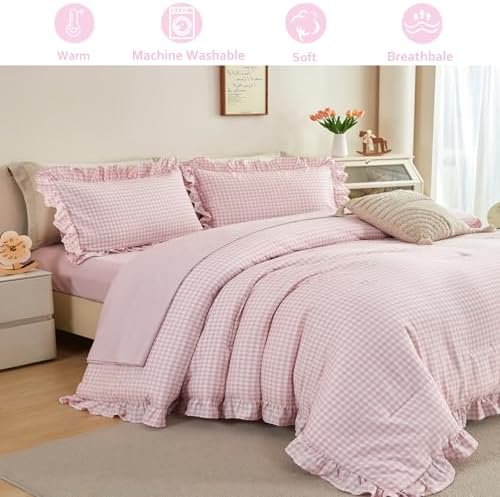 Full Gingham Bedding Set for Girls 5 Pieces Pink Ruffled Bed Set - Image 6