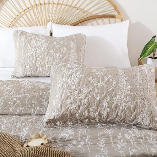 Twin Quilt, Oatmeal Quilt Set Floral Bedspread 2 Pcs Bedding Set - Image 3