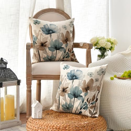 AVOIN colorlife Poppy Flowers Blue Brown Pillow Covers 18x18 Inch Set of 2 - Image 2
