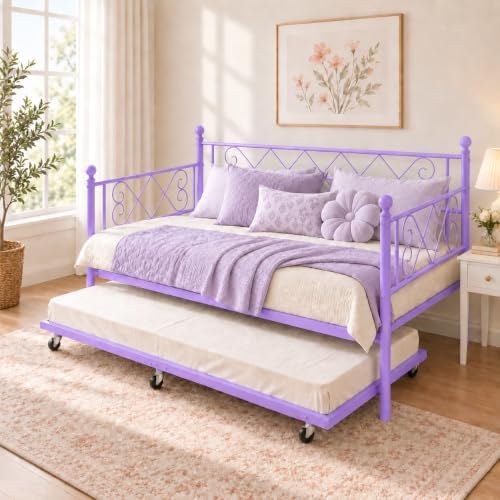 Garvee Daybed with Pull Out Trundle, Metal Sofa Bed Frame with Heart Headboard - Image 6