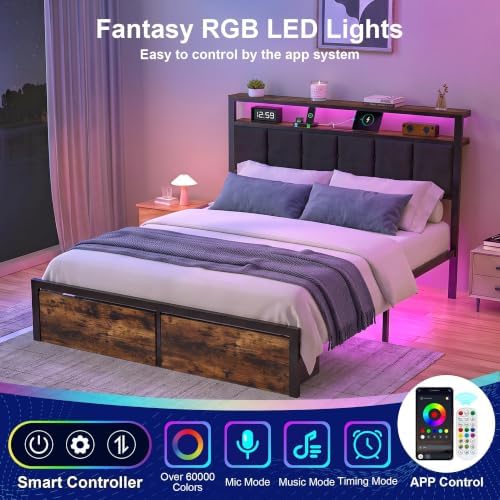 Queen Bed Frame with 2 Drawers and Storage Headboard, Metal Platform with LED - Image 4