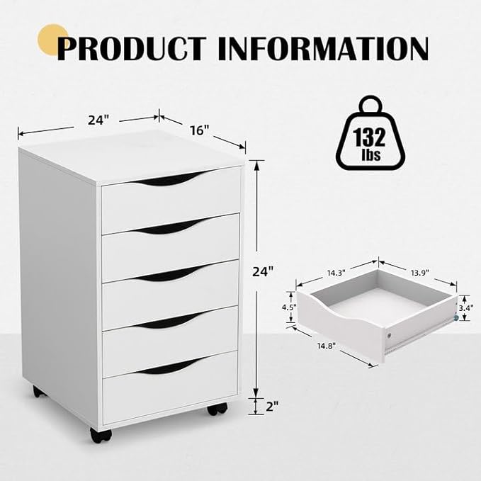 QDSSDECO 5 Drawer Chest Wood File Cabinet Rolling Storage Dresser with Wheels for Home Office, White