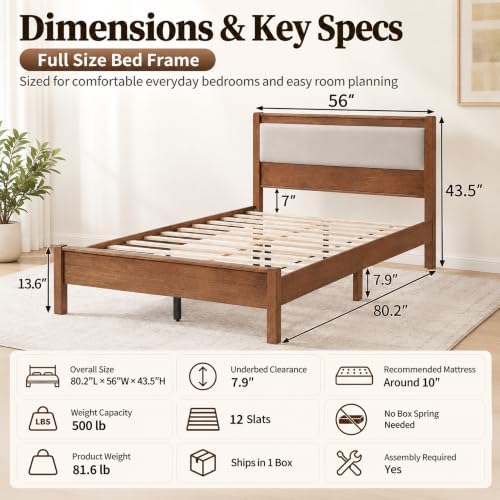 Full Bed Frame with Upholstered Headboard, Wooden Platform Bed - Image 2