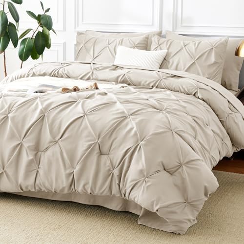 CozyLux Oversized King Comforter Set Beige, 7 Pieces Pintuck Bed in a Bag by CozyLux